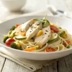 Chicken pasta primavera with colorful vegetables