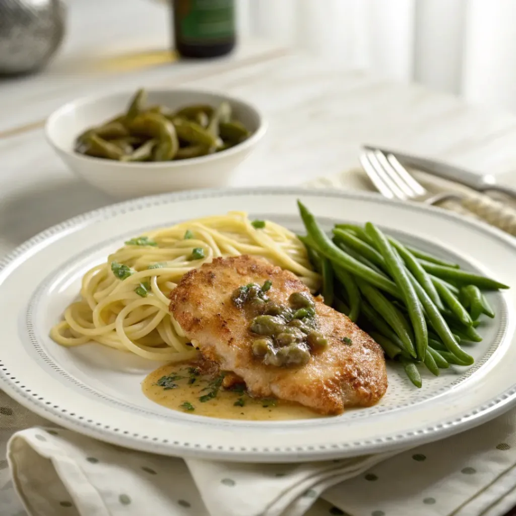Chicken piccata served with pasta and green beans