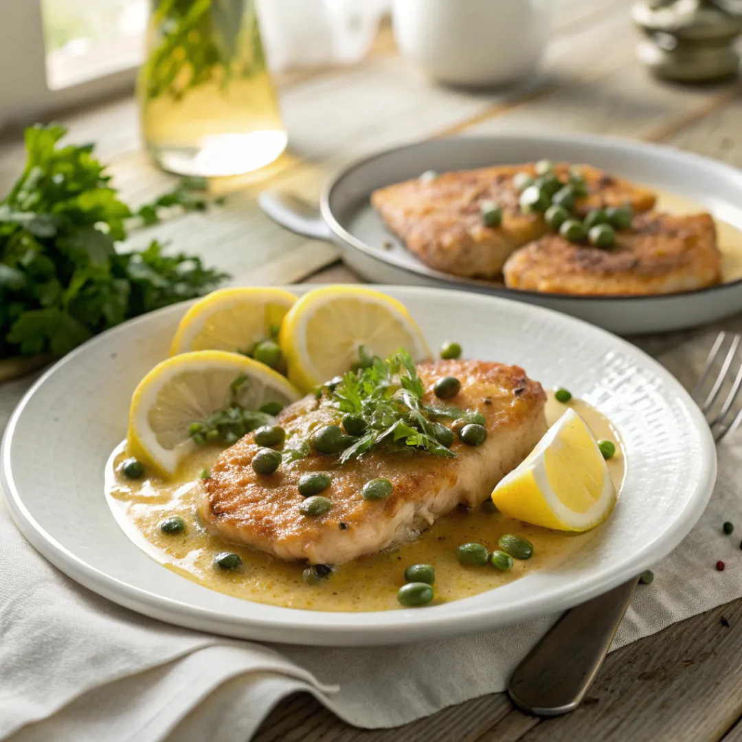 Golden chicken piccata with lemon butter sauce and capers
