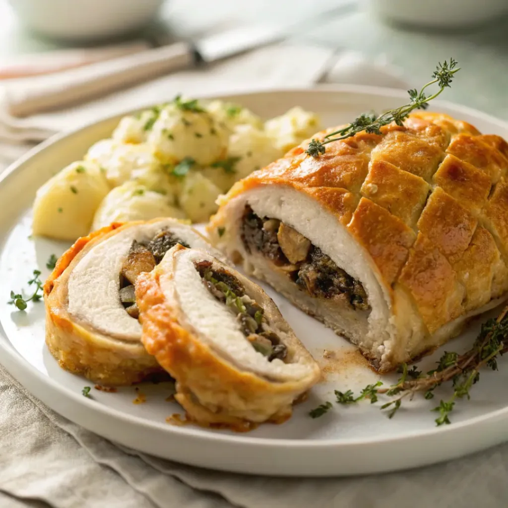 Sliced Chicken Wellington with golden puff pastry served with roasted vegetables