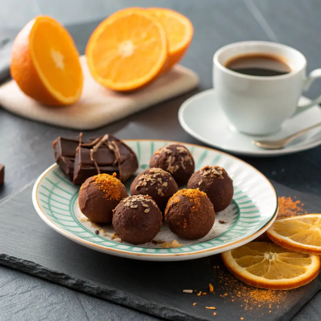 Chocolate orange truffles served with orange slices and a cup of espresso