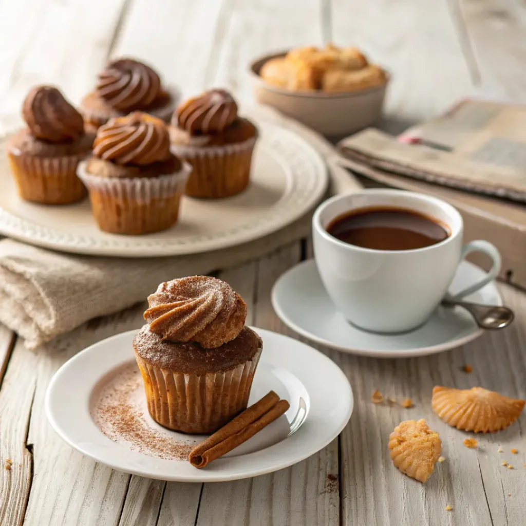 Cinnamon churro cupcakes served with hot chocolate
