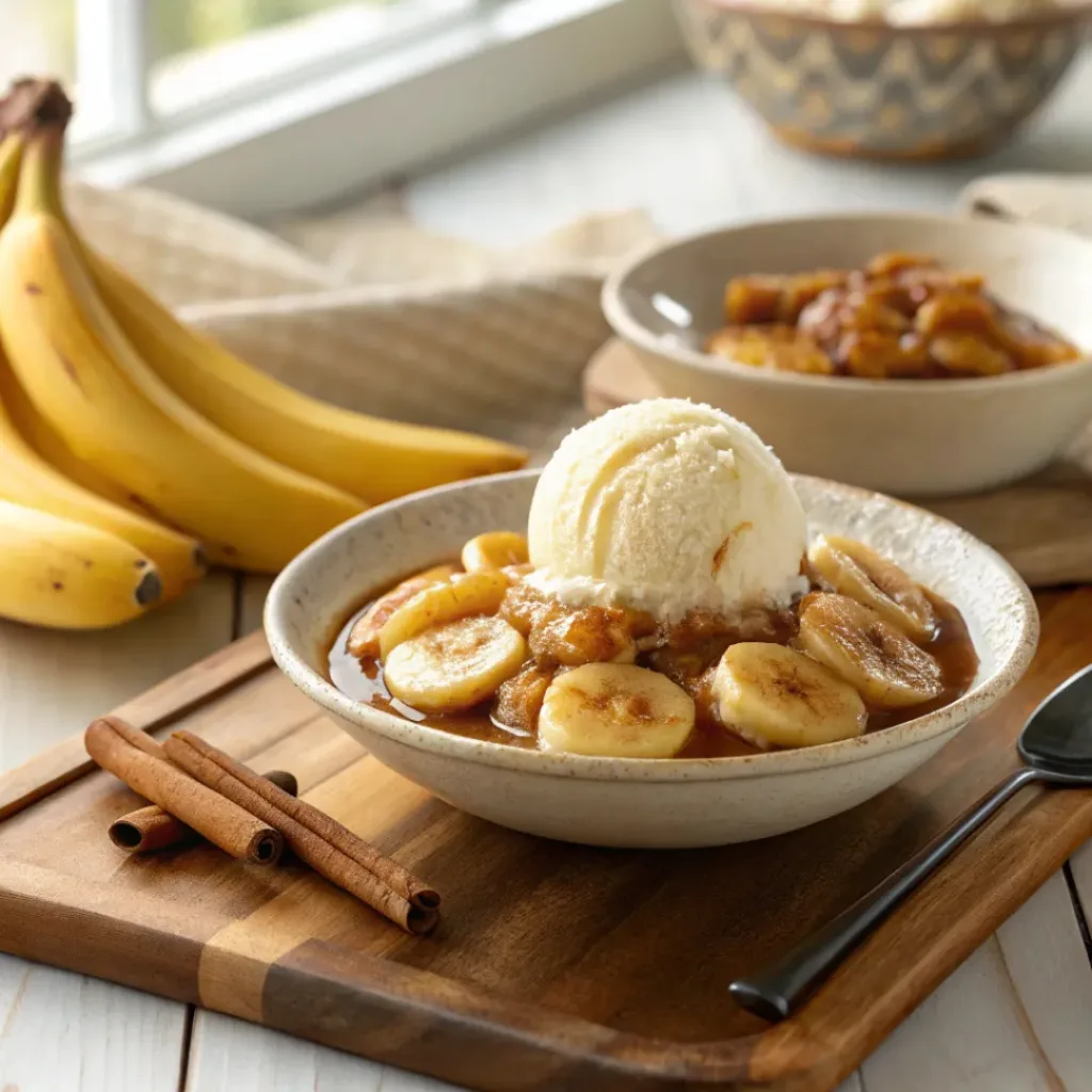 Bananas in caramel sauce served over vanilla ice cream