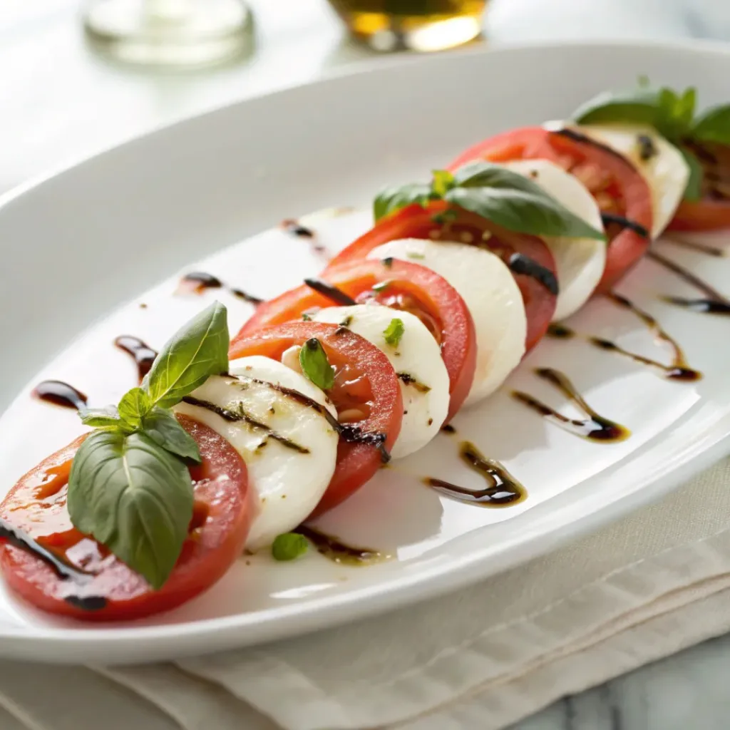 Classic Caprese salad with tomato slices, mozzarella, basil, and balsamic glaze