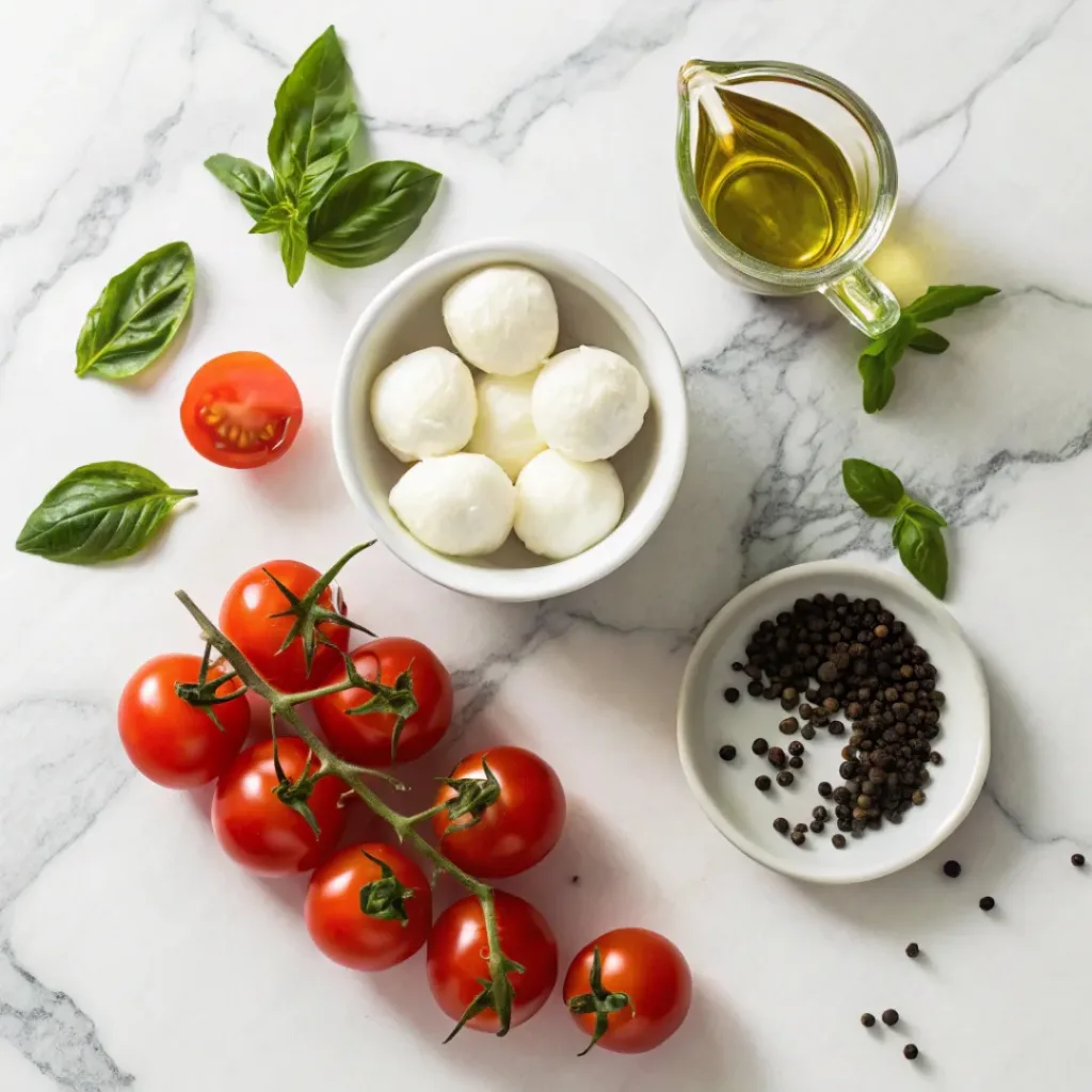 Classic Caprese Salad – Fresh & Elegant 6 Flat lay of Caprese salad ingredients including tomatoes, mozzarella, basil, olive oil, and balsamic glaze