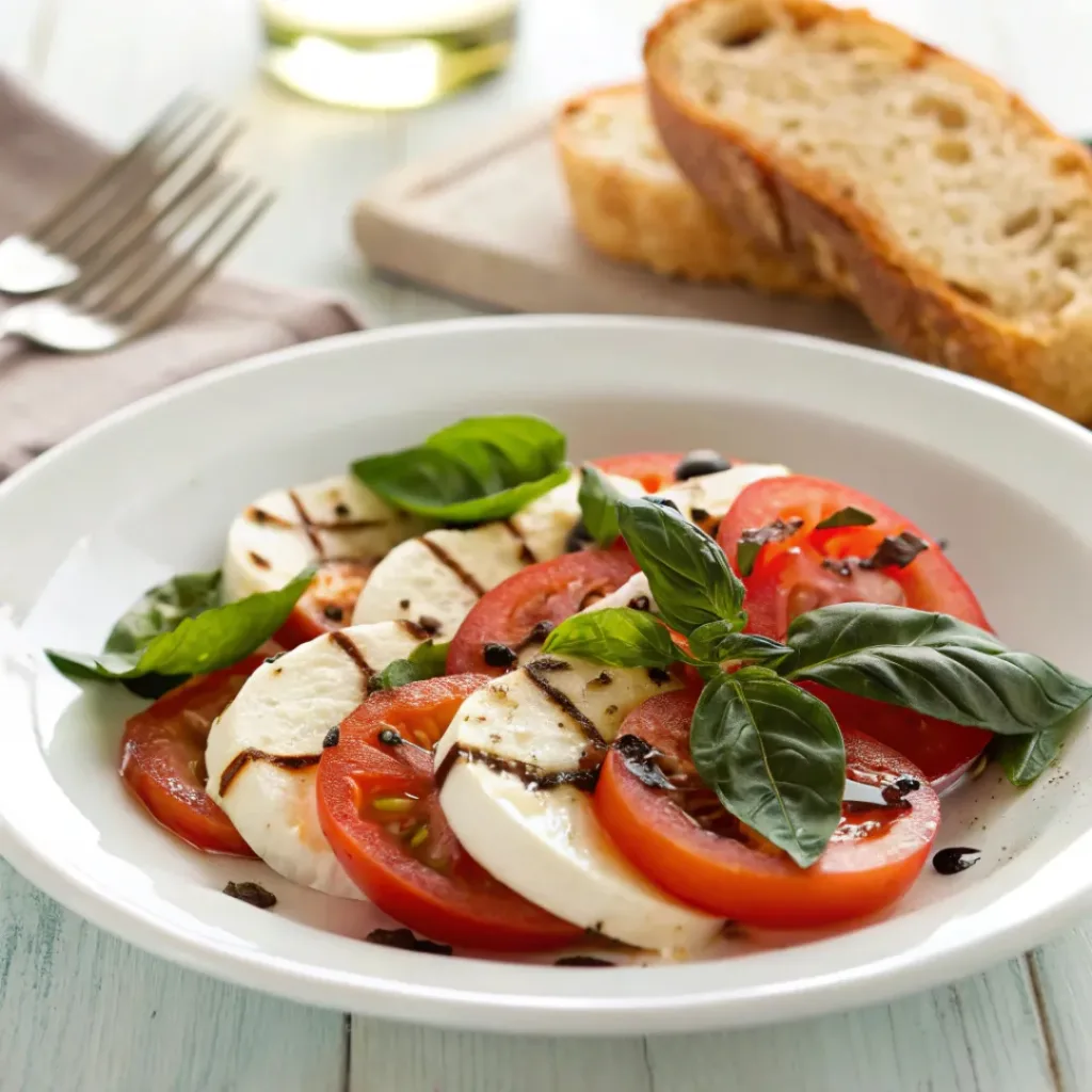 Classic Caprese Salad – Fresh & Elegant 8 Classic Caprese salad served with basil garnish and balsamic drizzle on a serving plate