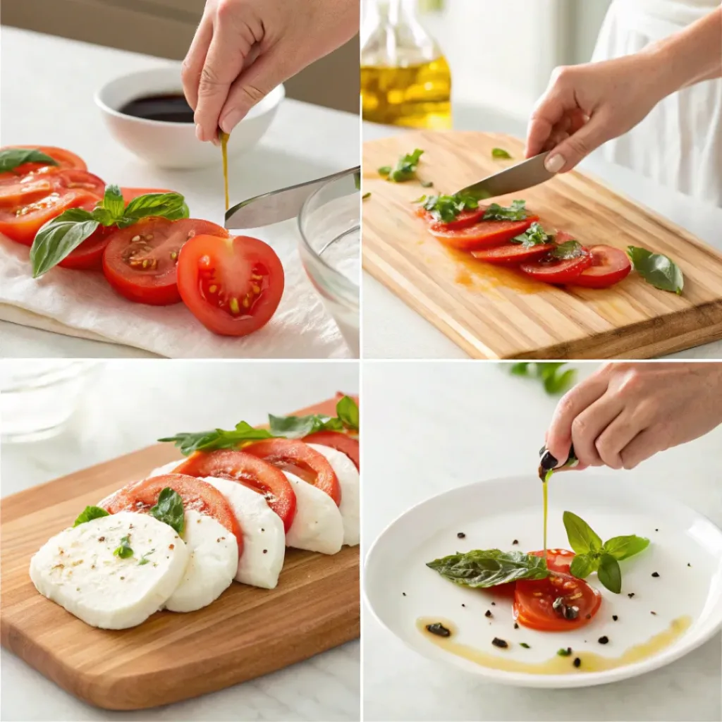 Classic Caprese Salad – Fresh & Elegant 7 Four-panel collage showing slicing tomatoes and mozzarella and assembling Caprese salad