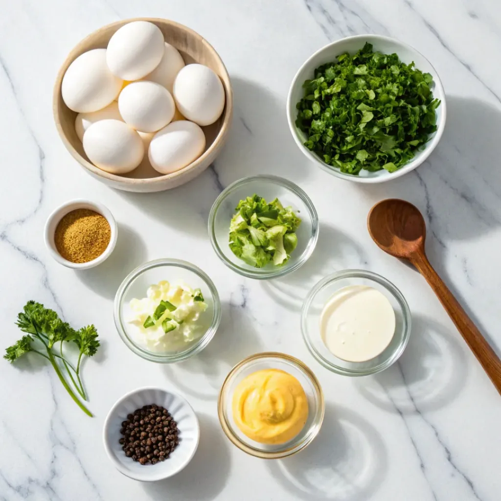 Flat lay of ingredients for classic egg salad including eggs, mayonnaise, mustard, celery, and onion