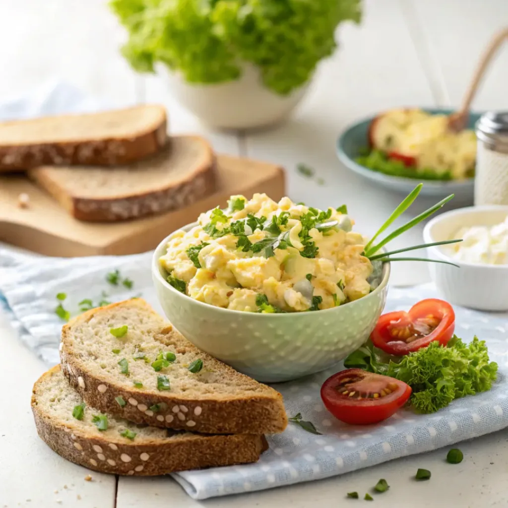 Classic egg salad served in a bowl or as a sandwich with parsley garnish