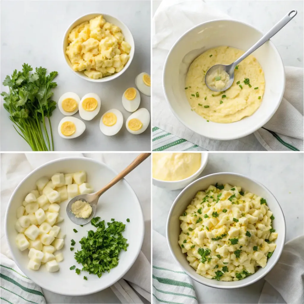 Four-panel collage showing chopping eggs, mixing with vegetables, and preparing egg salad