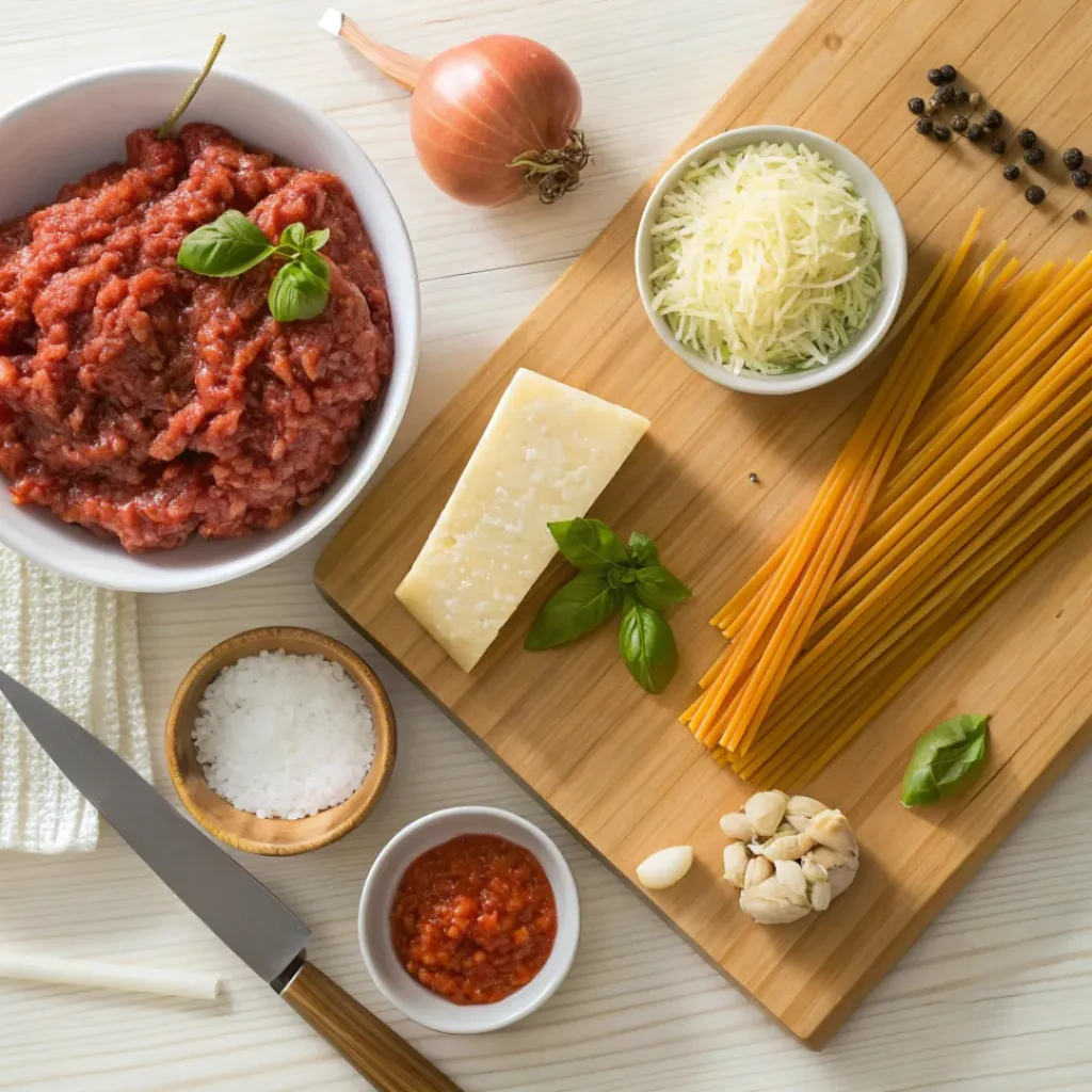 Flat lay of spaghetti, ground beef, tomatoes, onion, garlic, and herbs