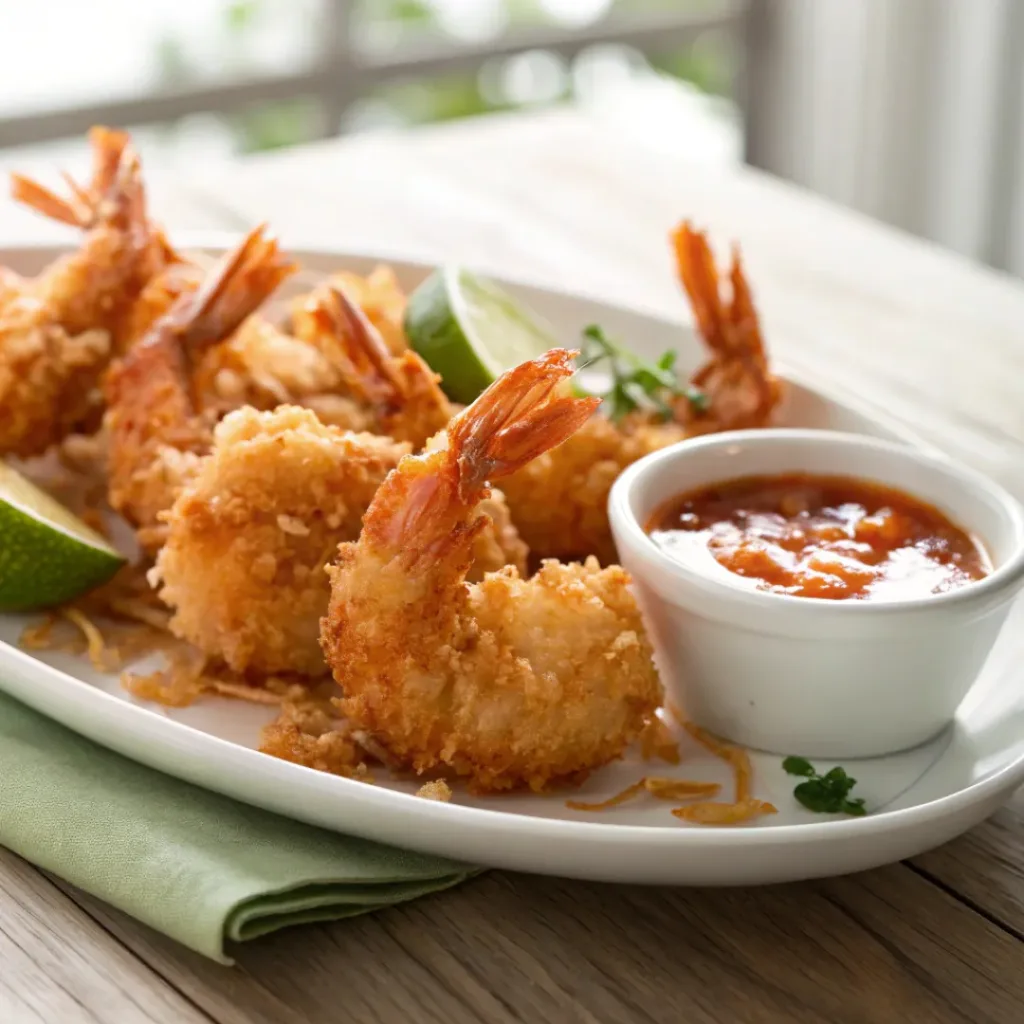 Golden crispy coconut shrimp with sweet chili dipping sauce