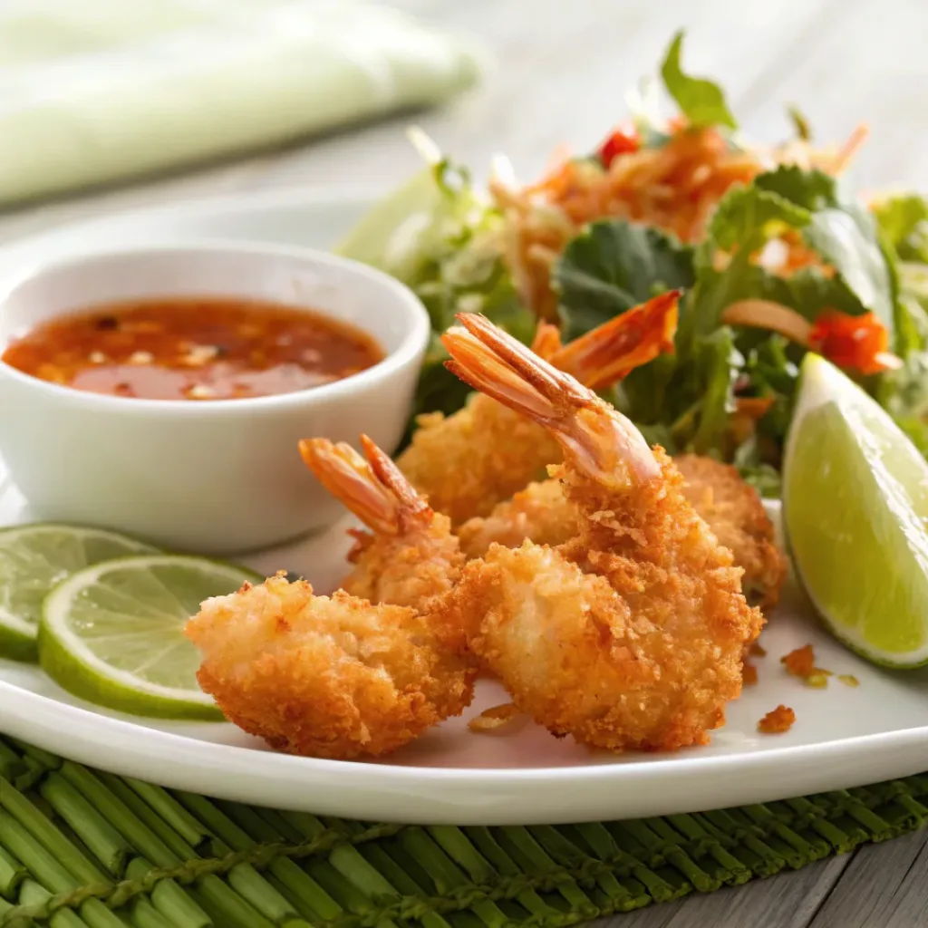 Coconut shrimp served with dipping sauce and coconut rice