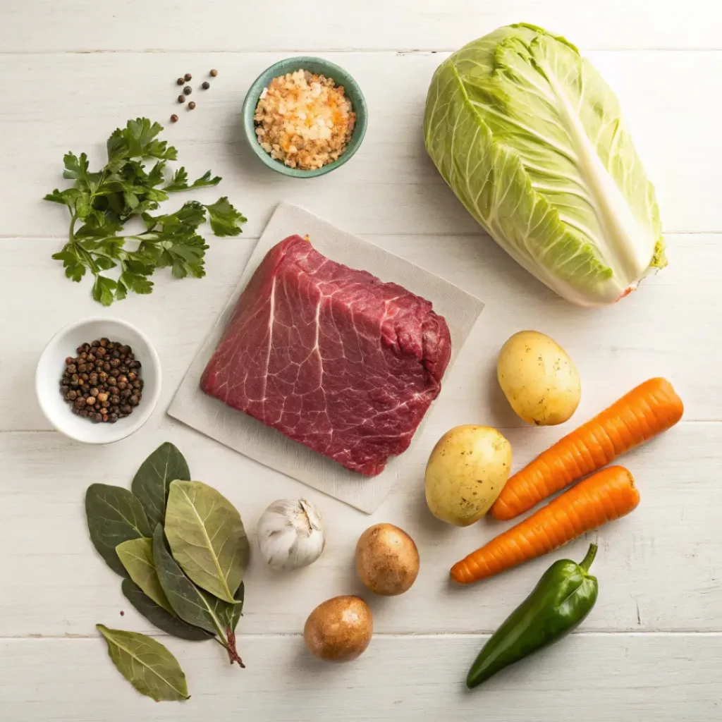 Slow Cooker Corned Beef and Cabbage – Tender & Savory 6 Flat lay of ingredients for corned beef and cabbage including brisket, cabbage, carrots, and potatoes