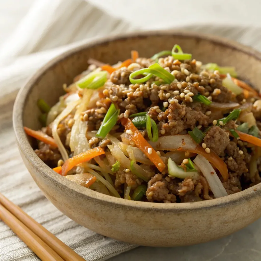Crack slaw with ground meat, cabbage, and carrots served in a bowl with sesame seeds