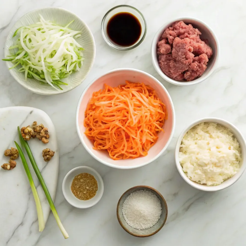 Crack Slaw – Easy Egg Roll in a Bowl 6 Flat lay of Crack Slaw ingredients including ground meat, cabbage, carrots, green onions, and sauces
