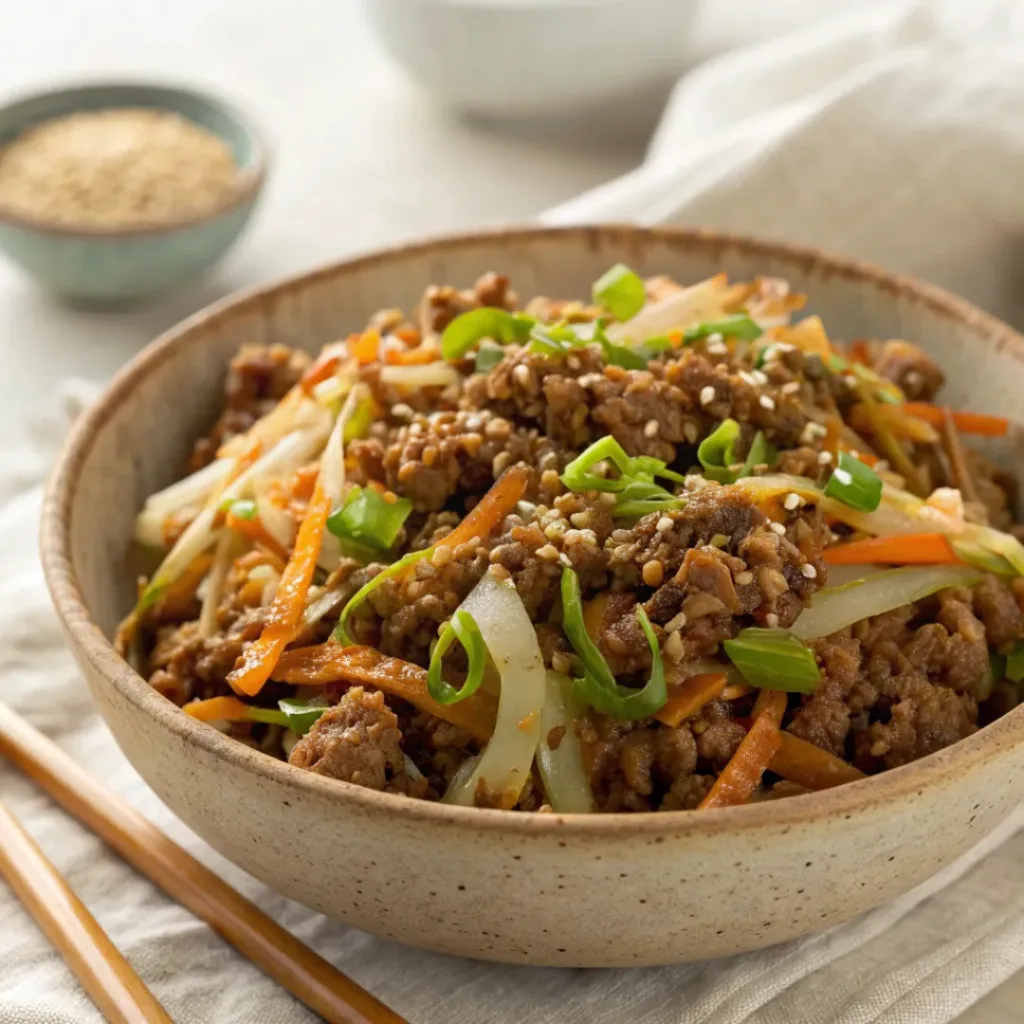 Crack Slaw – Easy Egg Roll in a Bowl 8 Crack Slaw served in a bowl with sesame seeds, ready to eat as a low-carb meal