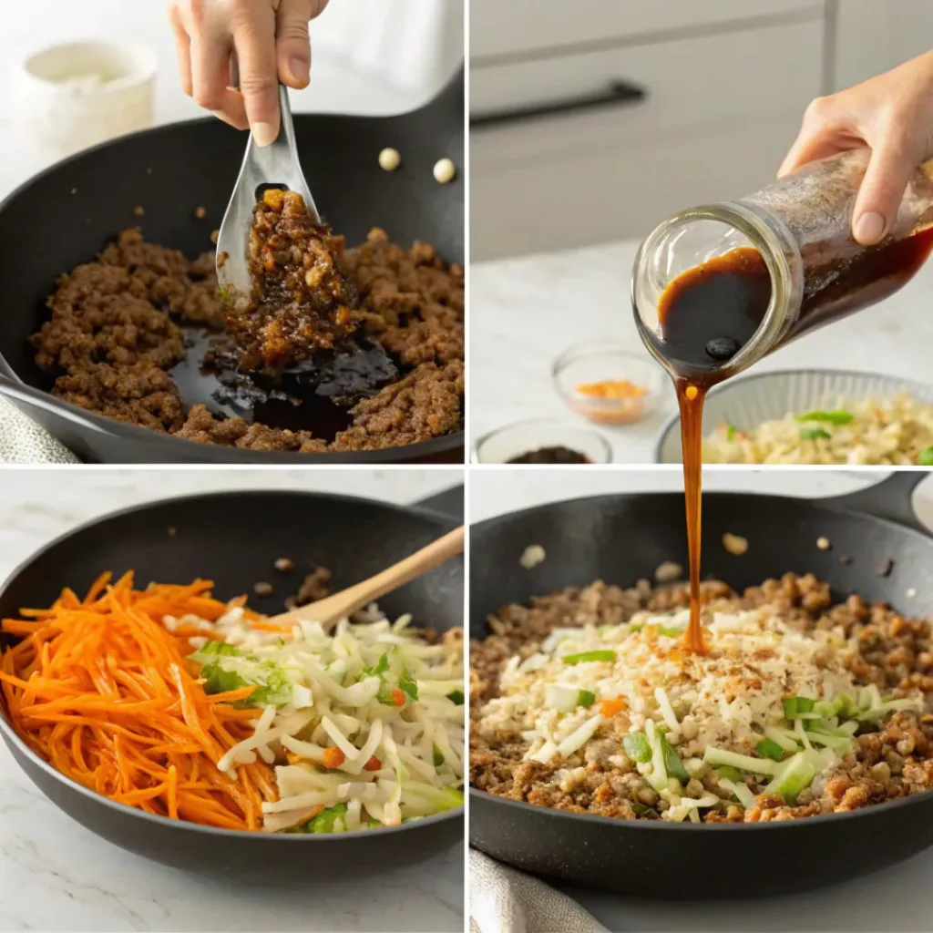 Crack Slaw – Easy Egg Roll in a Bowl 7 Four-panel collage showing steps to make Crack Slaw – browning meat, adding veggies, cooking with sauce, and serving