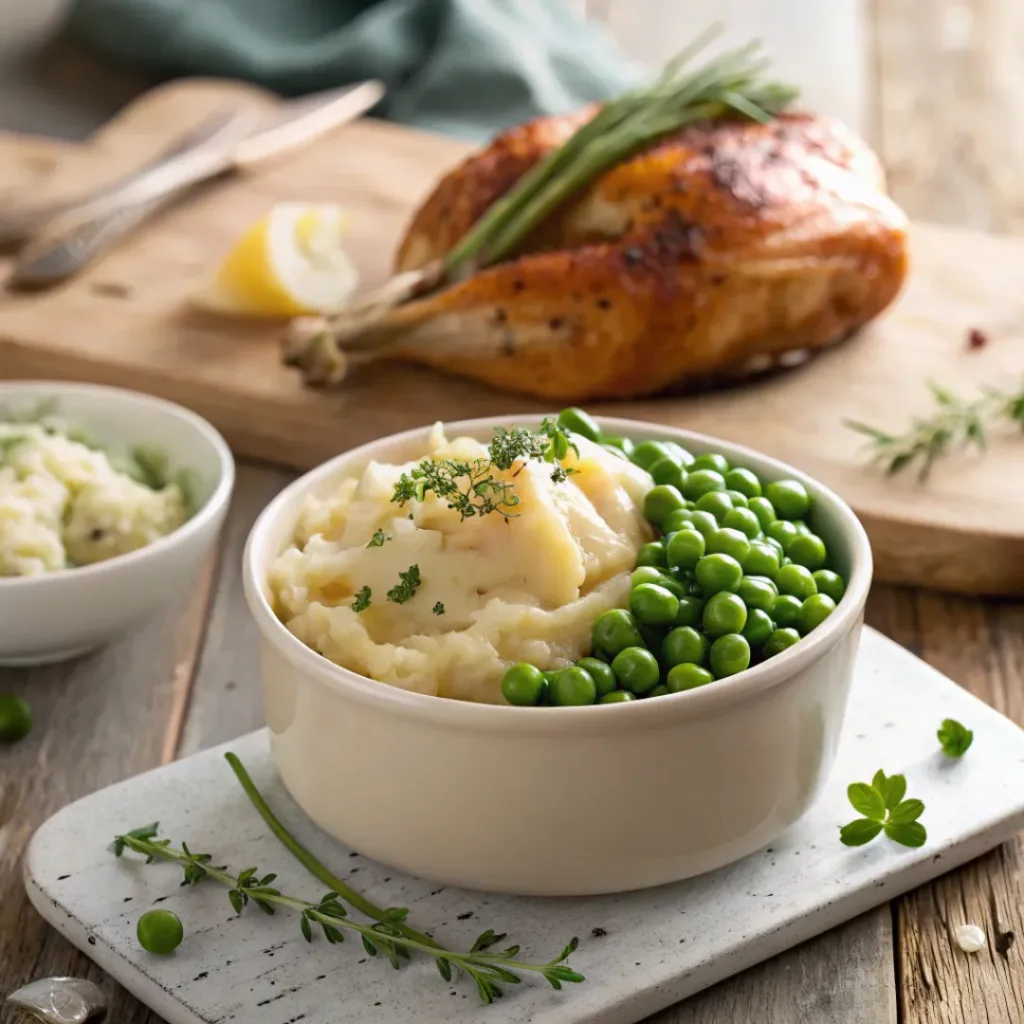 Creamy butter peas served as a side with roasted chicken or potatoes