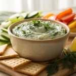 Creamy green dip made with dandelion greens served with crackers and vegetables