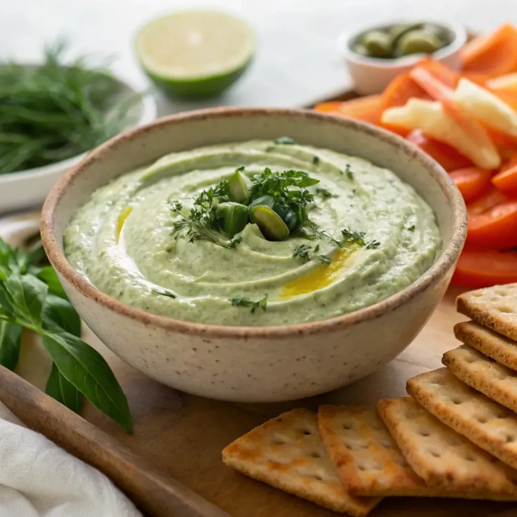 Creamy Dandelion Greens Dip – Smooth & Savory Garden Dip 8 Creamy dandelion greens dip served with crackers and sliced vegetables
