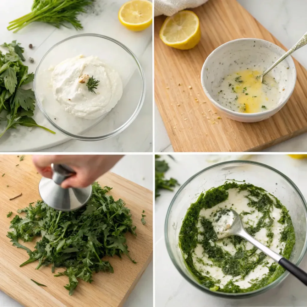 Creamy Dandelion Greens Dip – Smooth & Savory Garden Dip 7 Four-panel collage showing chopping greens, blending dip, seasoning, and serving