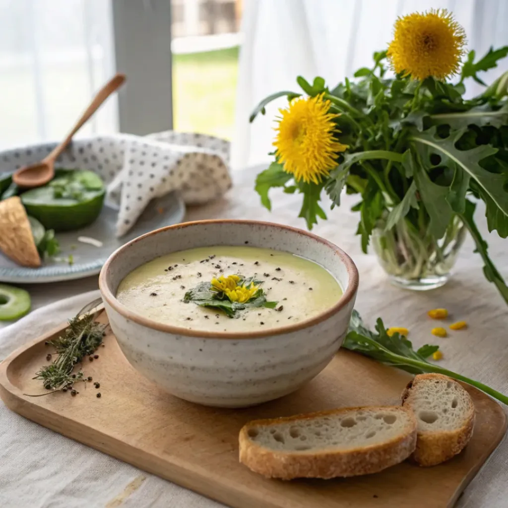 Creamy dandelion soup served with crusty bread and fresh herb garnish