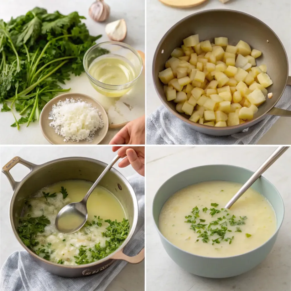 Four-panel collage showing sautéing vegetables, simmering soup, and blending until creamy