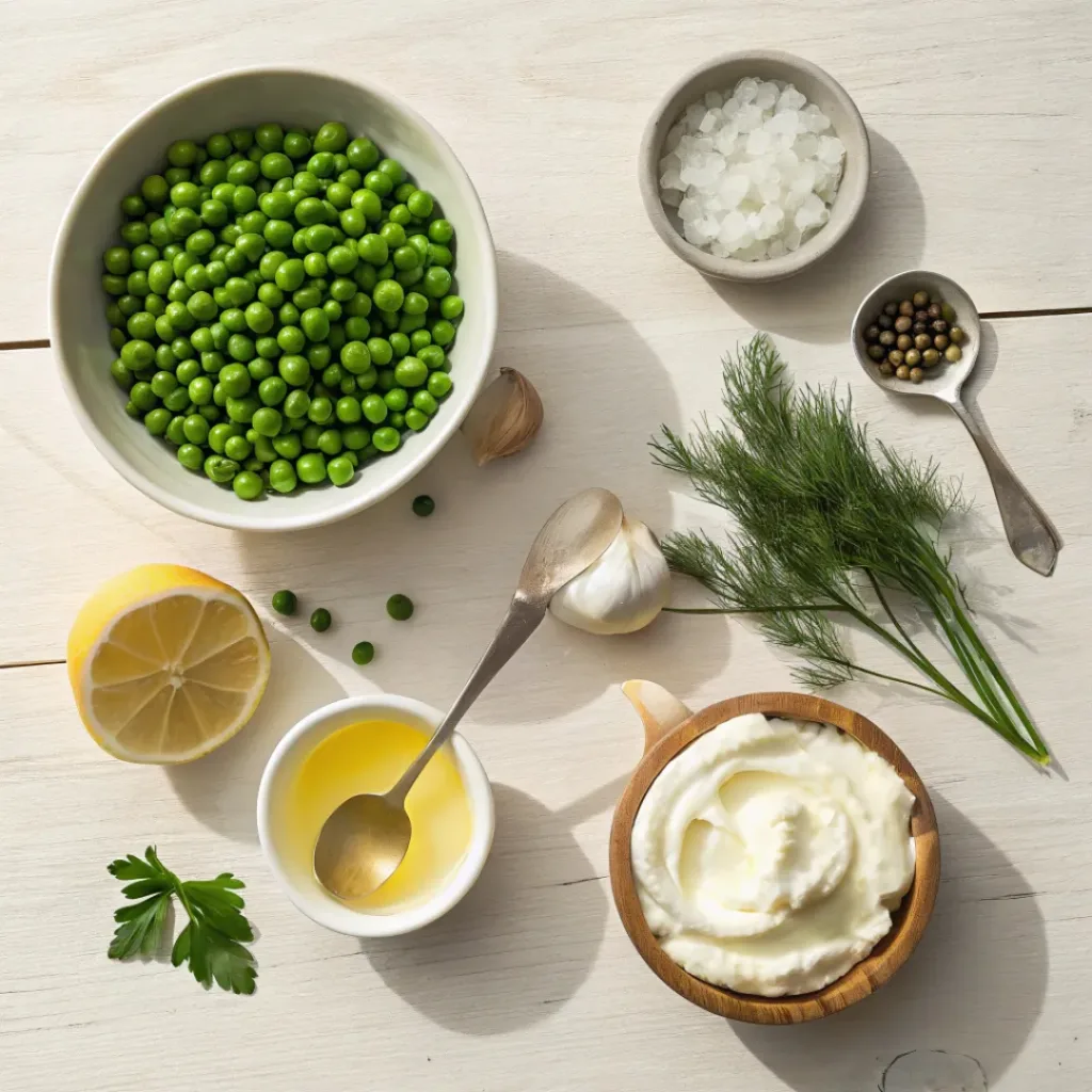 Flat lay of peas, cream cheese, and herbs for pea dip
