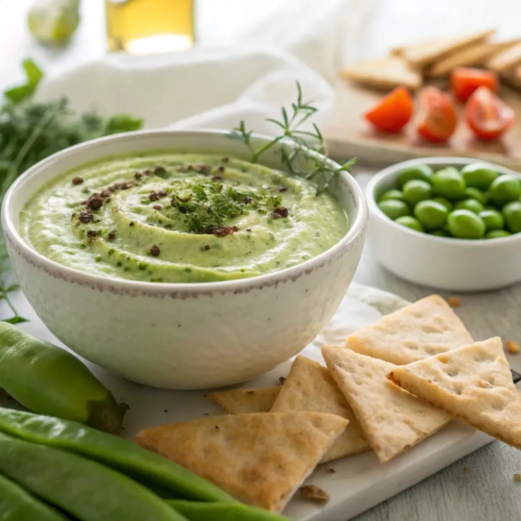 Creamy pea dip served with crackers and vegetables