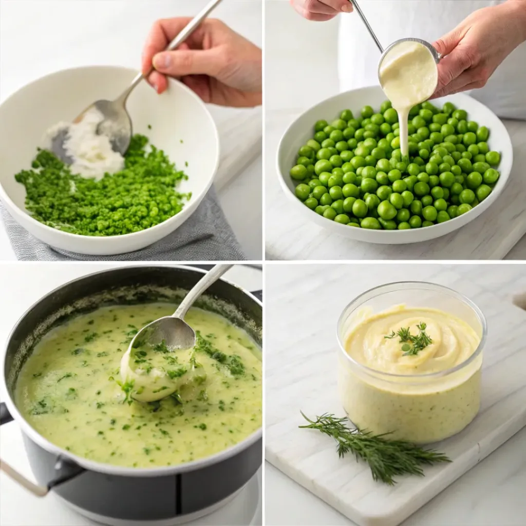 Four-panel collage showing blending peas into a creamy dip