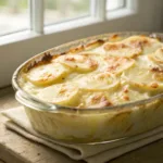 Golden creamy potato bake with melted cheese in a baking dish