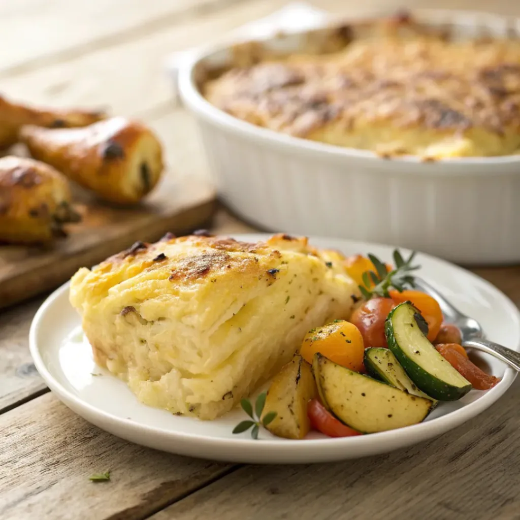 Creamy potato bake portion served with roasted chicken or vegetables