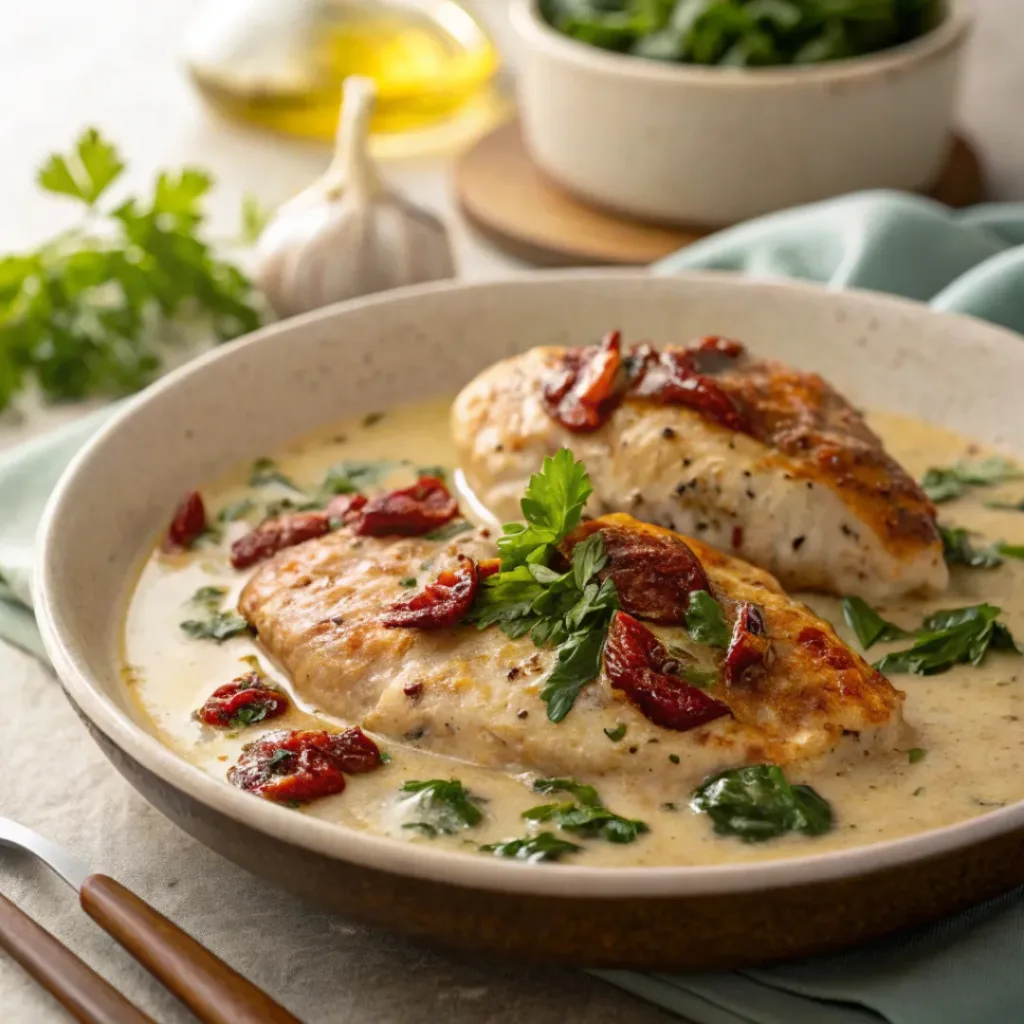 Juicy chicken breasts in creamy Tuscan garlic sauce with sun-dried tomatoes and spinach
