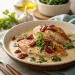 Juicy chicken breasts in creamy Tuscan garlic sauce with sun-dried tomatoes and spinach