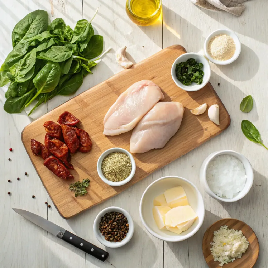 Creamy Tuscan Garlic Chicken Ingredients Flat Lay