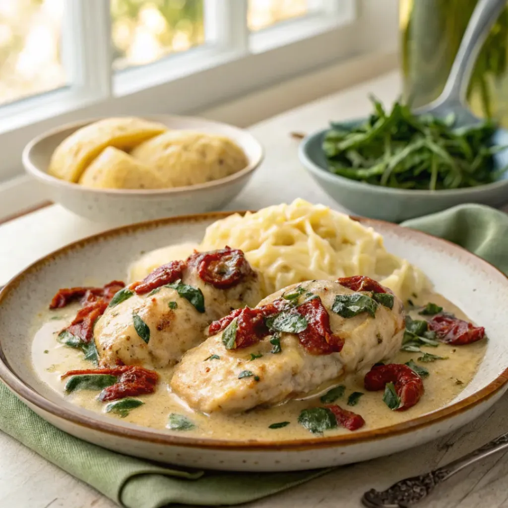 Creamy Tuscan garlic chicken served with spinach, sun-dried tomatoes, and parsley garnish