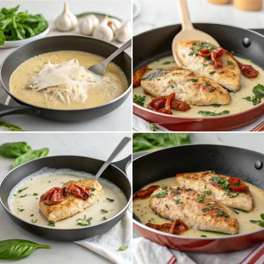 Four-panel collage showing searing chicken, cooking garlic and tomatoes, making sauce, and plating