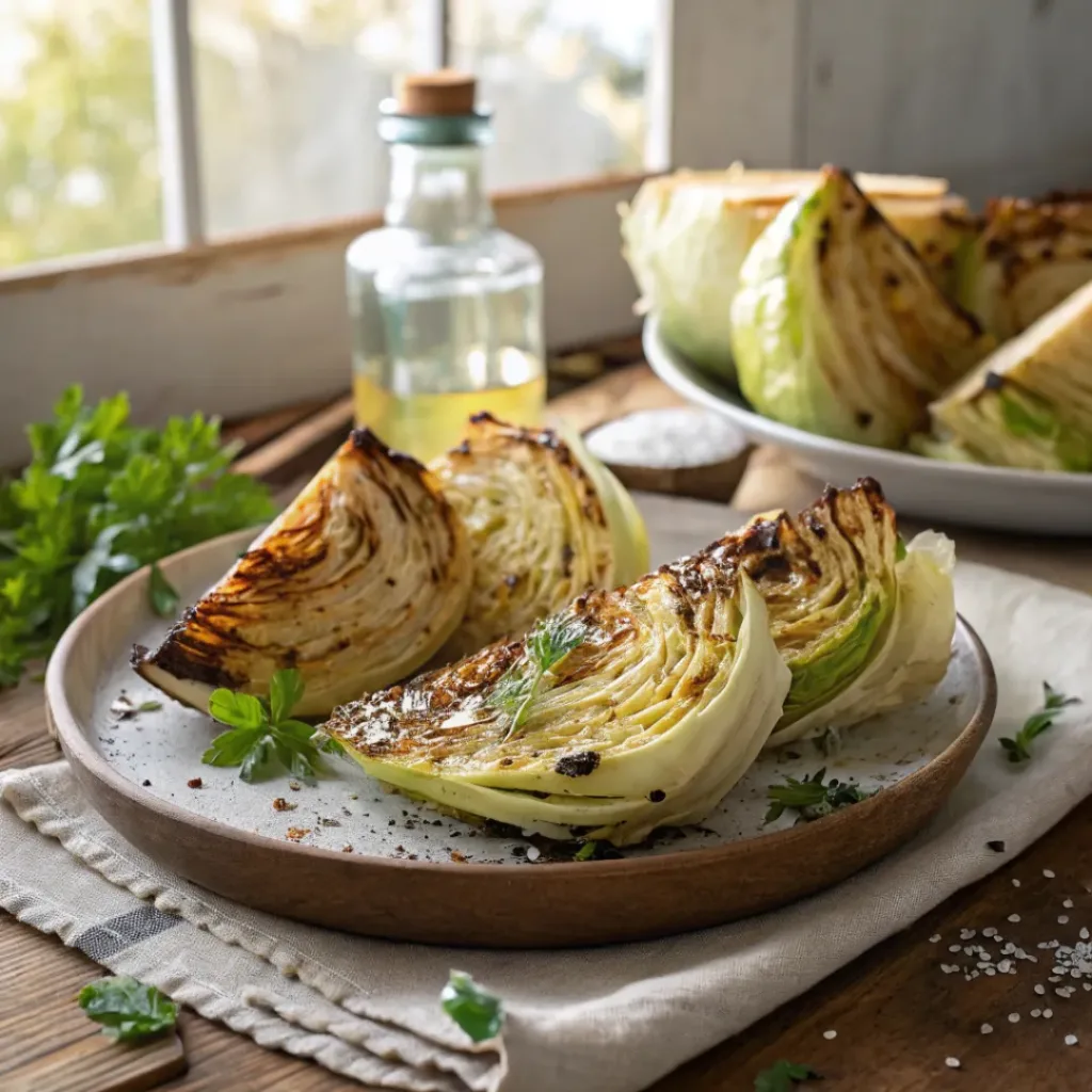 Roasted crispy cabbage wedges with golden edges on plate