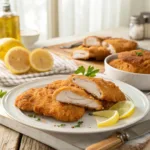 Golden crispy chicken schnitzel served with lemon wedges