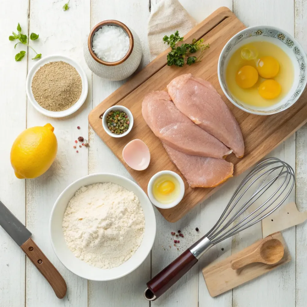 Flat lay of chicken breasts, flour, eggs, breadcrumbs, and seasonings