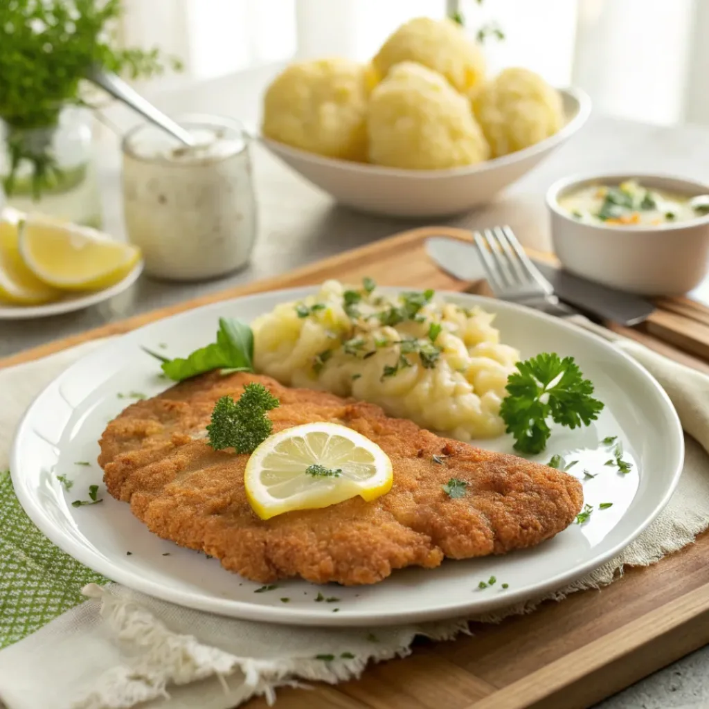 Crispy chicken schnitzel served with lemon wedges and mashed potatoes
