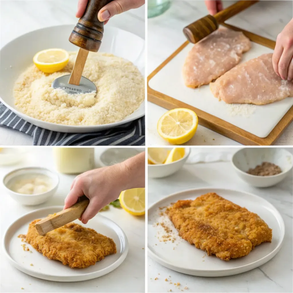 Flat lay of chicken breasts, flour, eggs, breadcrumbs, and seasonings