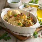 Golden crispy roasted cauliflower florets garnished with parsley