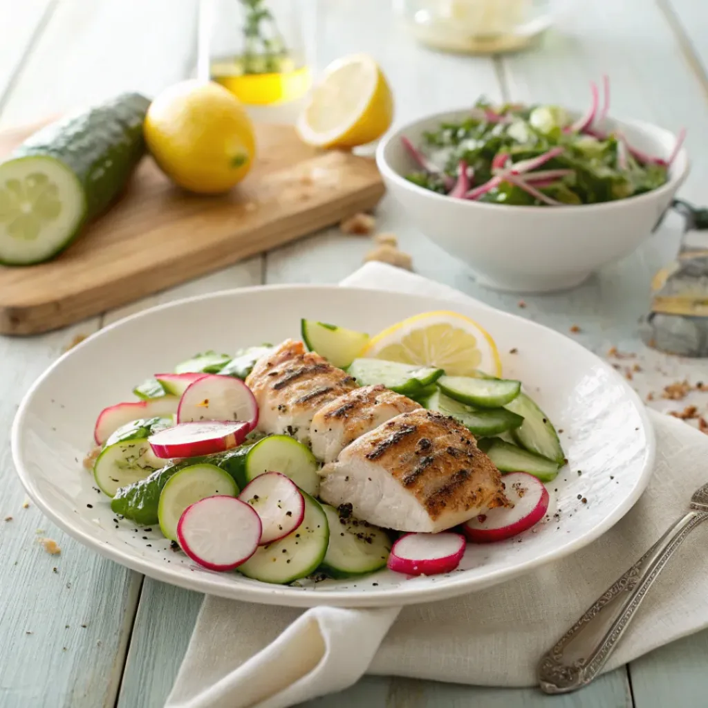 Cucumber radish salad served with grilled chicken and lemon