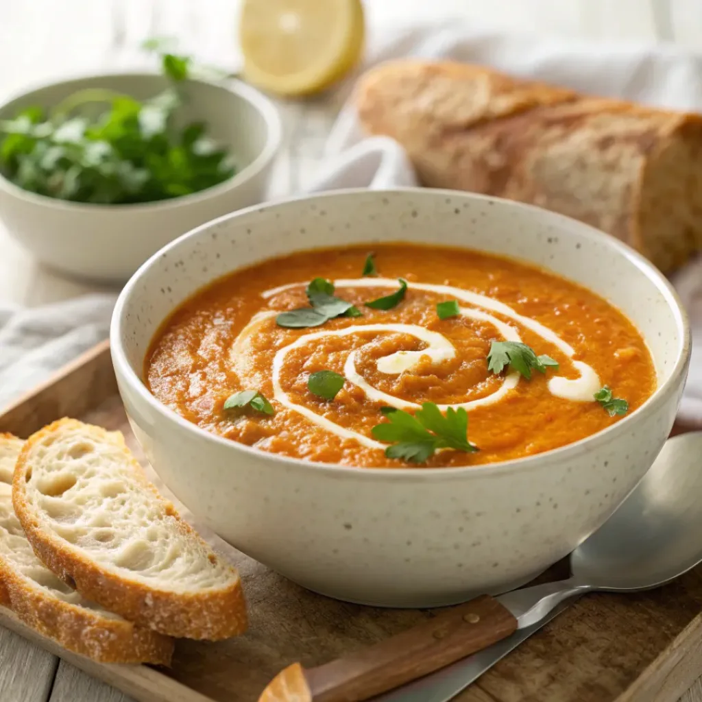 Bowl of curried red lentil soup garnished with coconut cream and cilantro