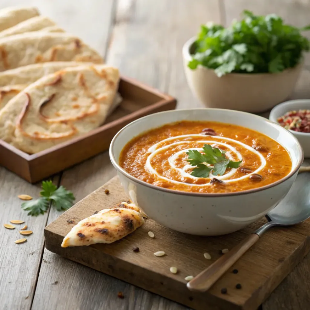Bowl of curried red lentil soup served with naan bread and cilantro