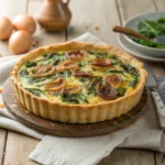 Dandelion green quiche with golden crust and cheesy filling