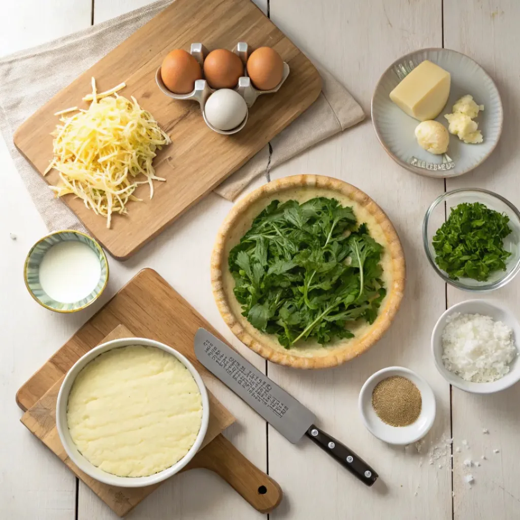 Flat lay of dandelion greens, eggs, cheese, onions, and pie crust