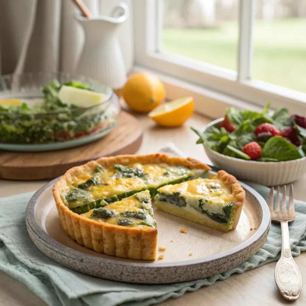 Dandelion green quiche served sliced with salad or fruit